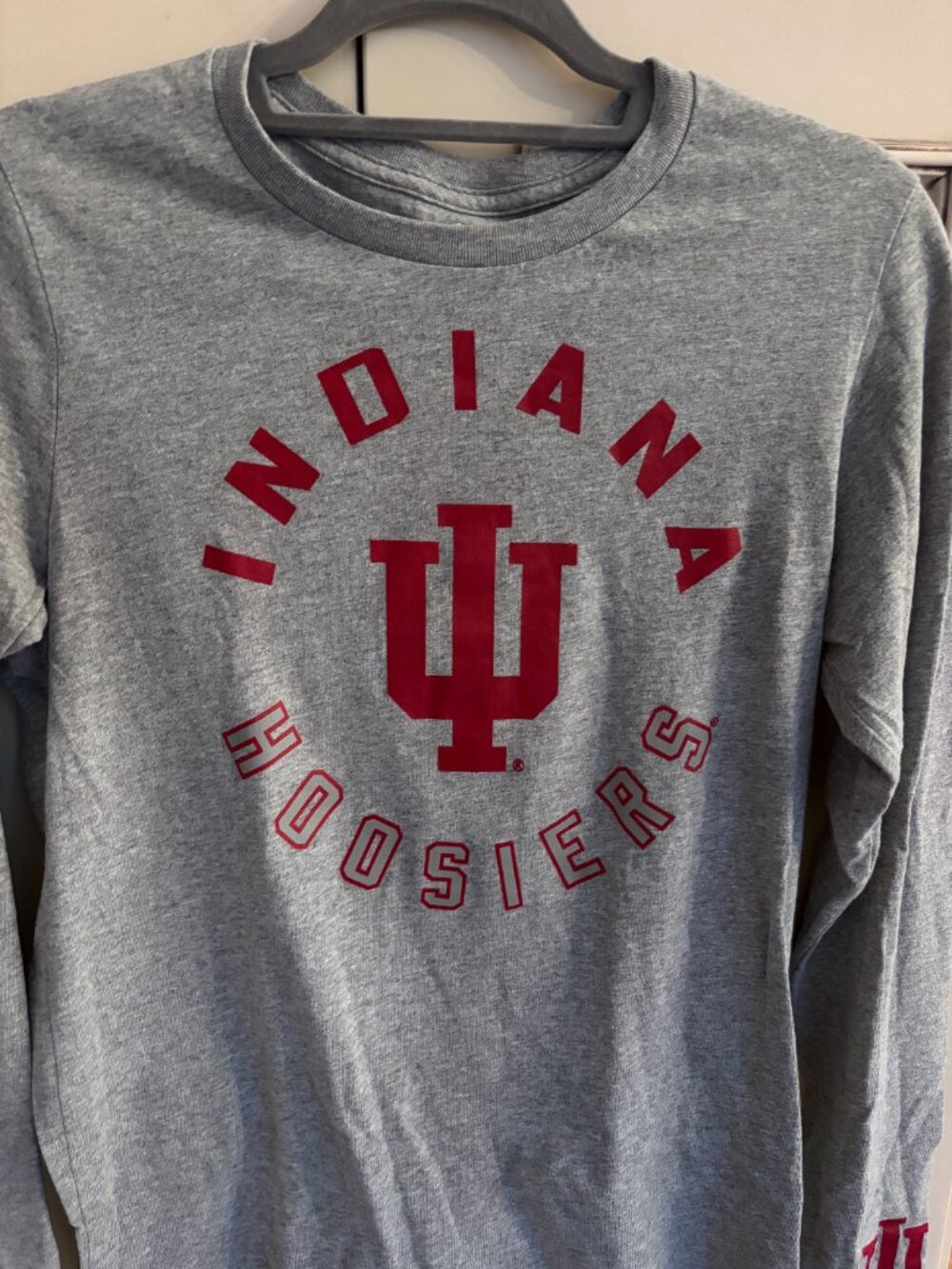 Indiana Hoosiers Youth Long Sleeve T shirt, Grey with Red Letters, Size 18-20